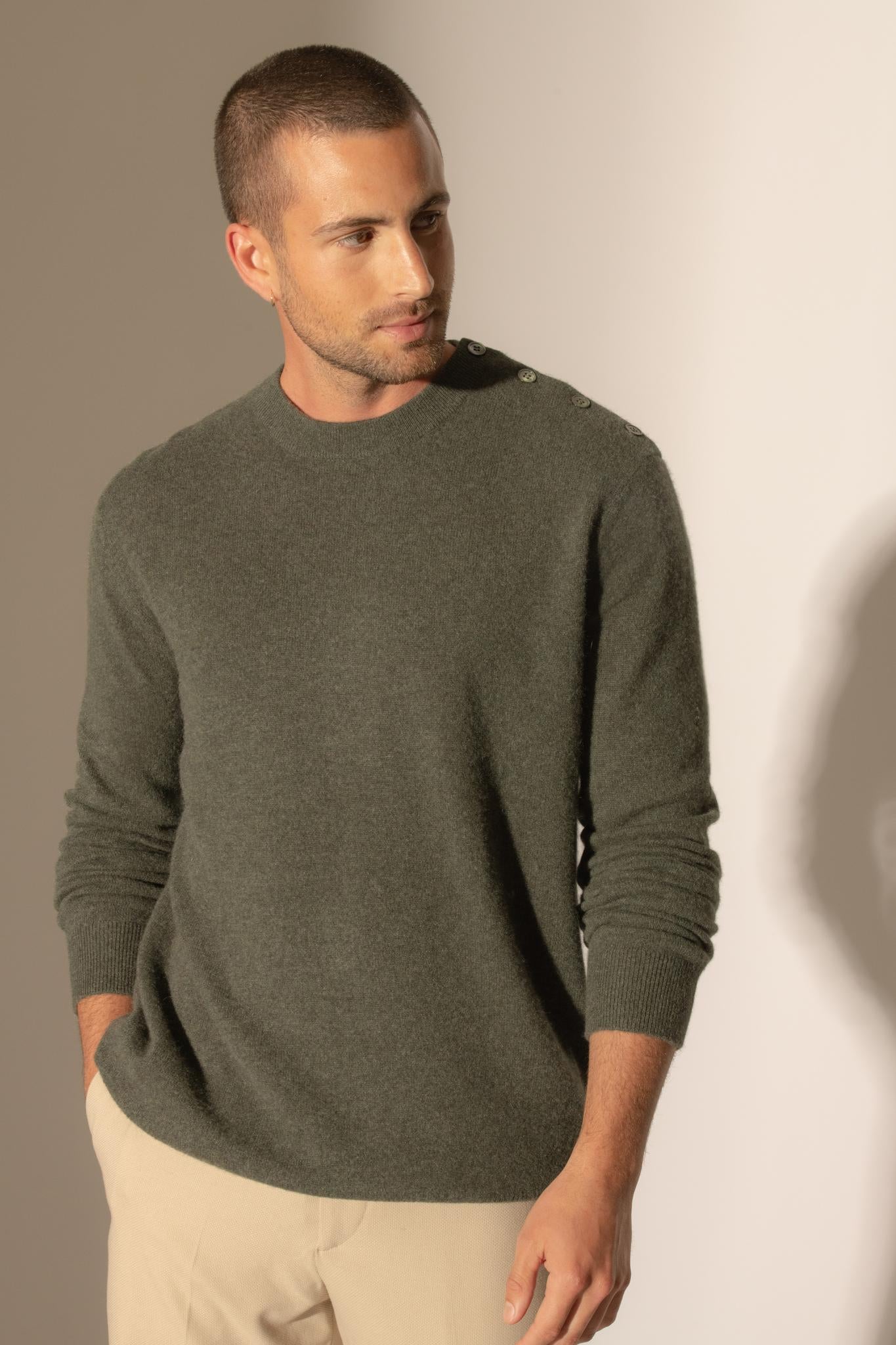 GABRIEL pull col rond marin kaki chiné 100% cachemire