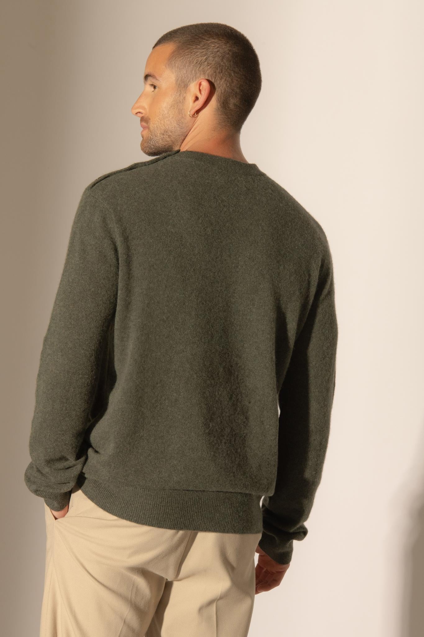 GABRIEL pull col rond marin kaki chiné 100% cachemire