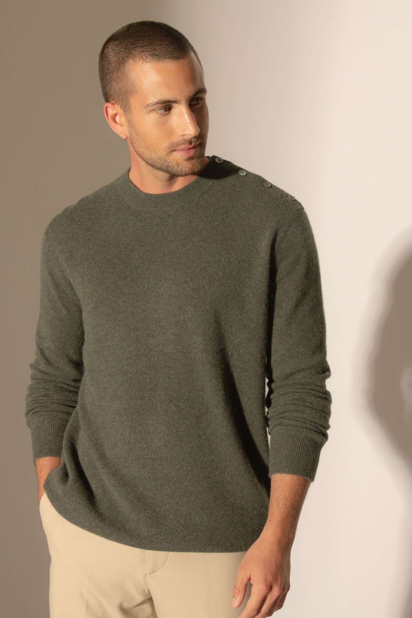 gabriel pull col rond marin kaki chiné 100% cachemire