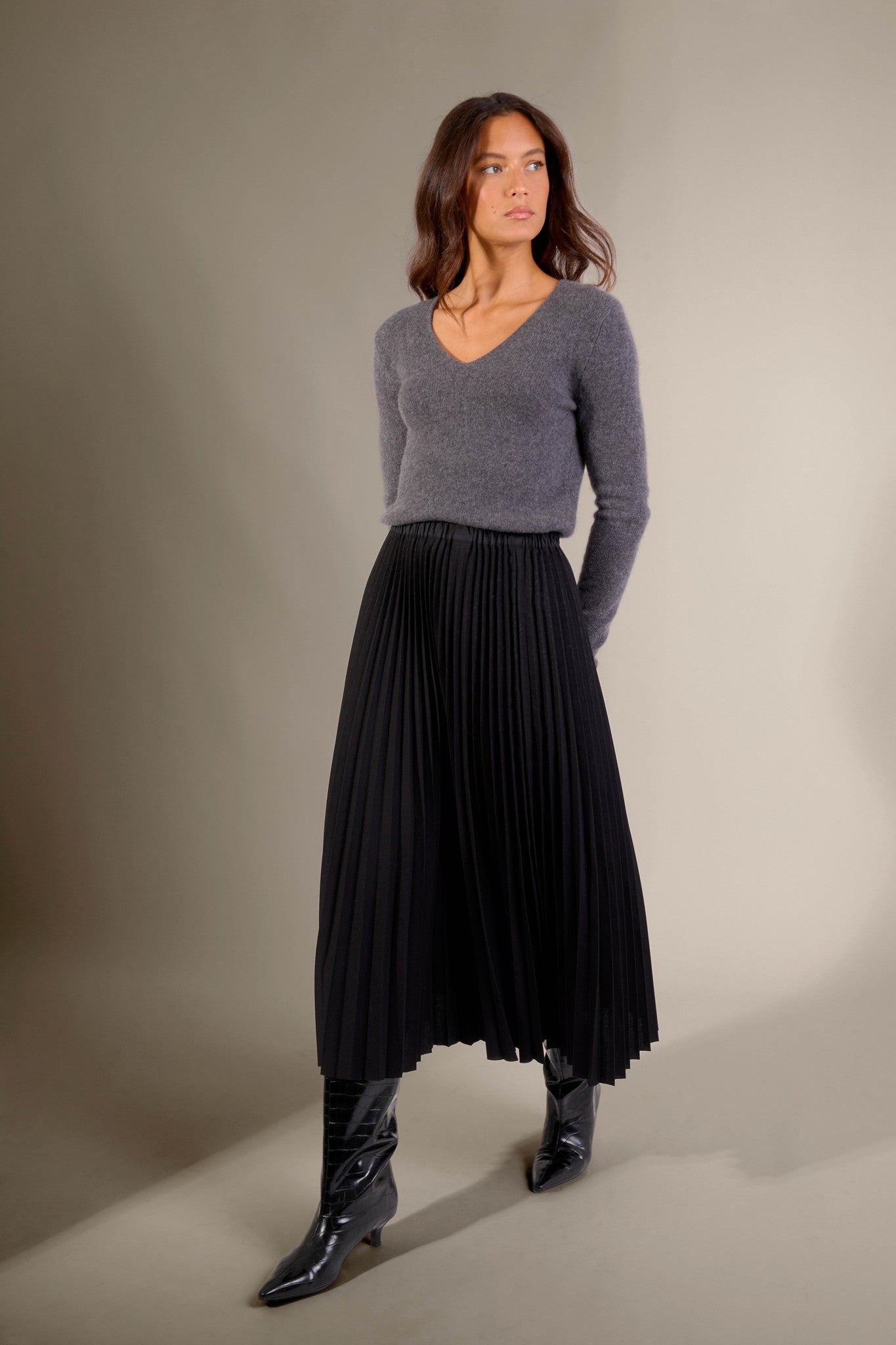 gaby pull col v 4 fils anthracite chiné 100% cachemire