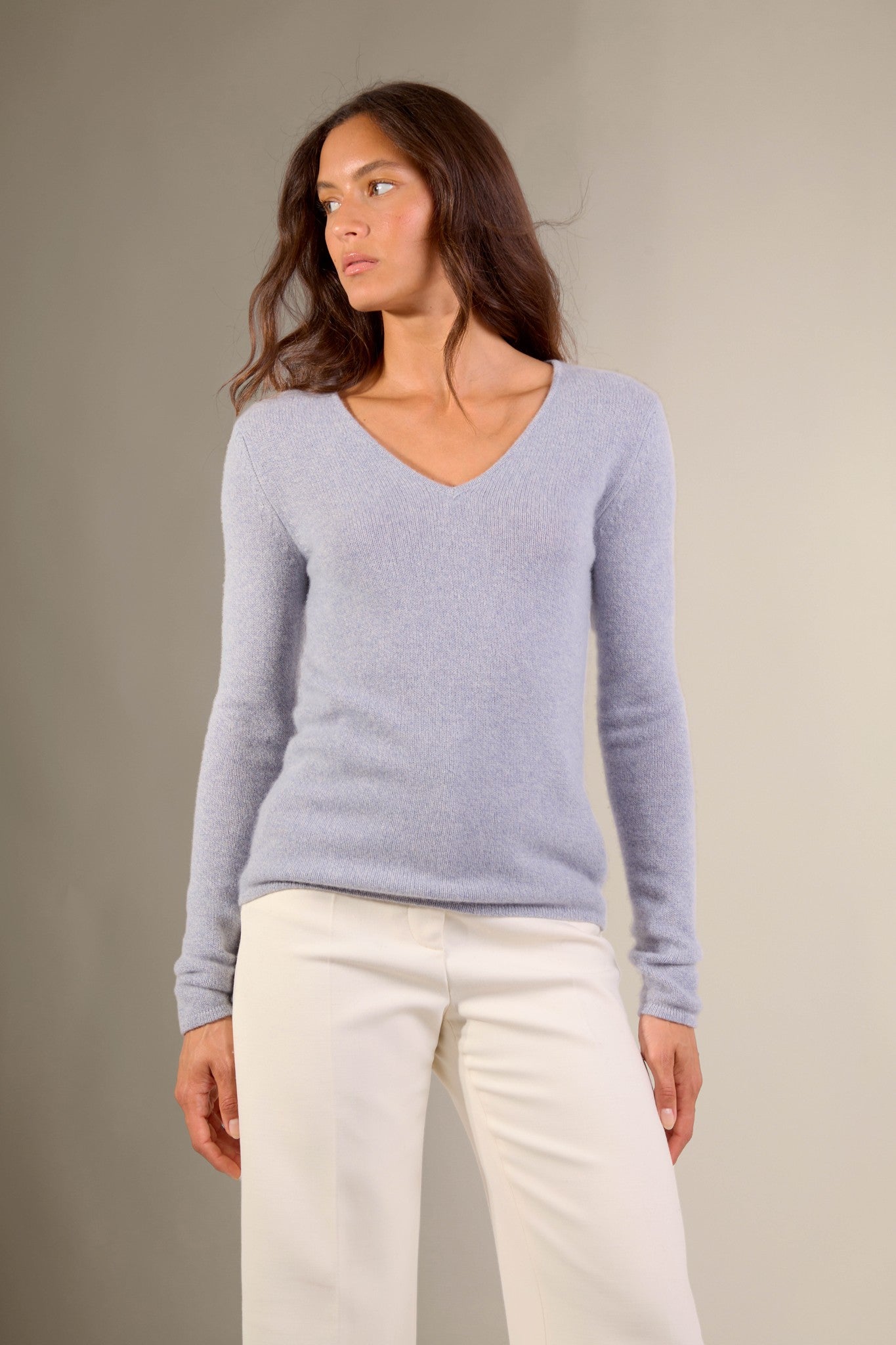 gaby pull col v 4 fils bleu ivoire 100% cachemire