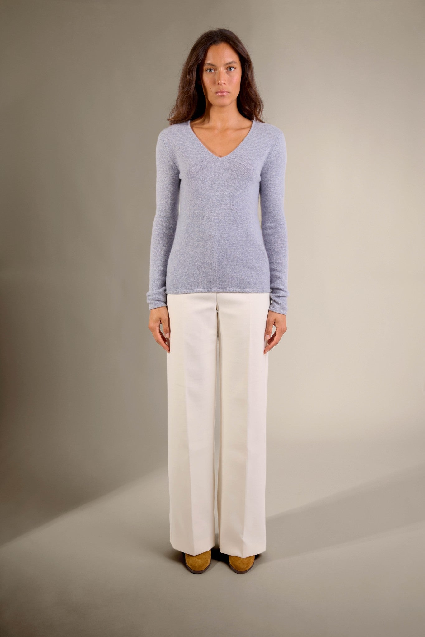 gaby pull col v 4 fils bleu ivoire 100% cachemire