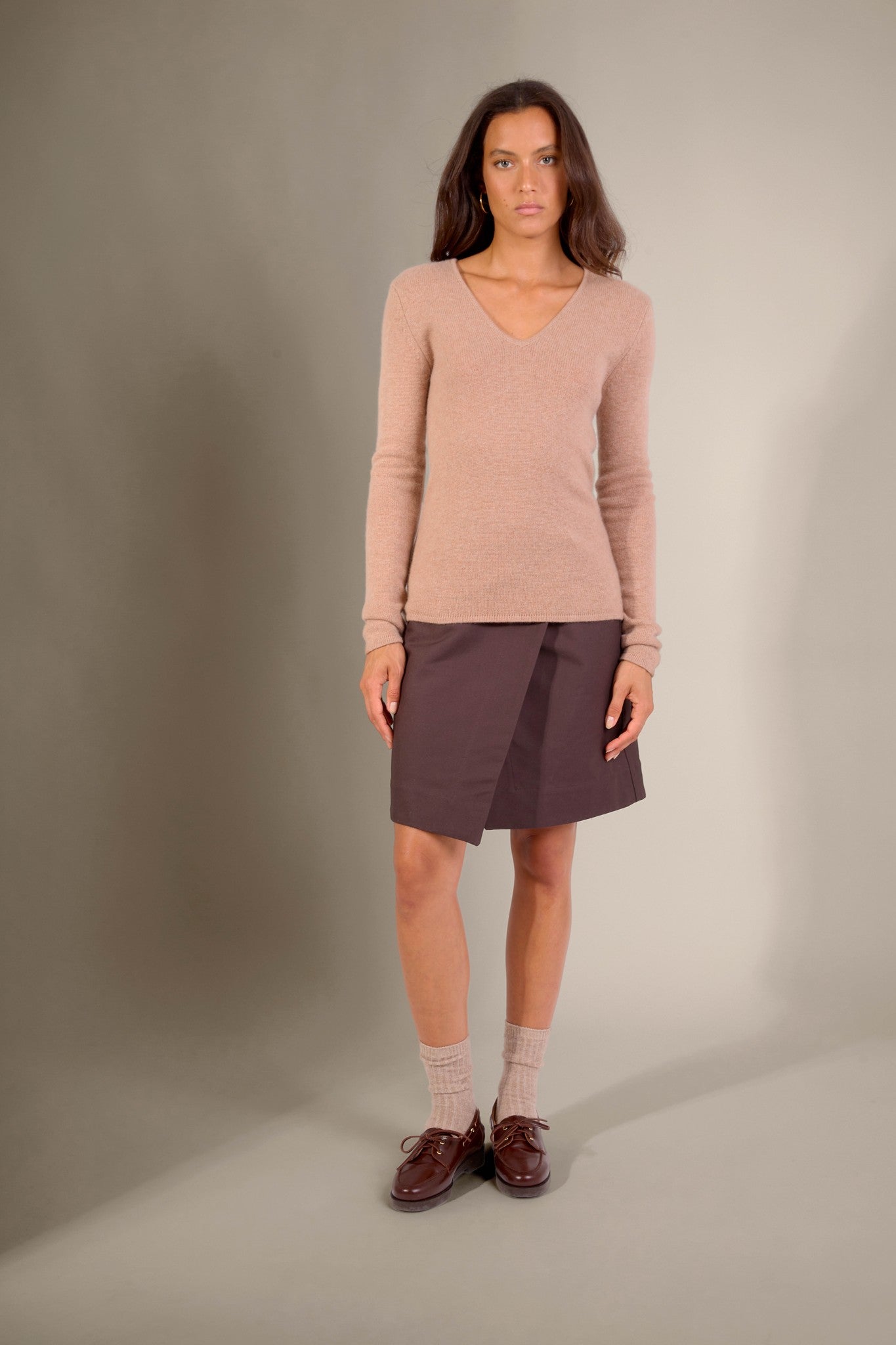 gaby pull col v 4 fils camel chiné 100% cachemire