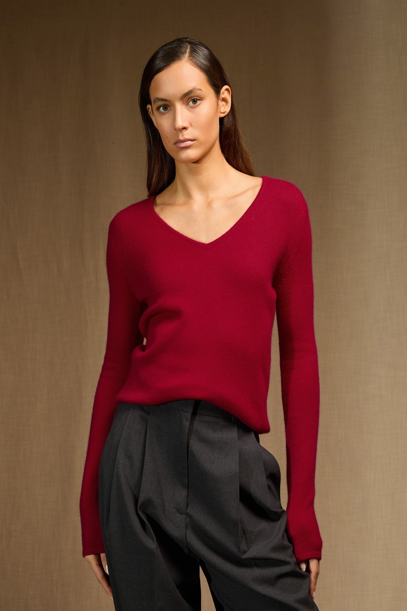 gaby pull col v 4 fils framboise 100% cachemire