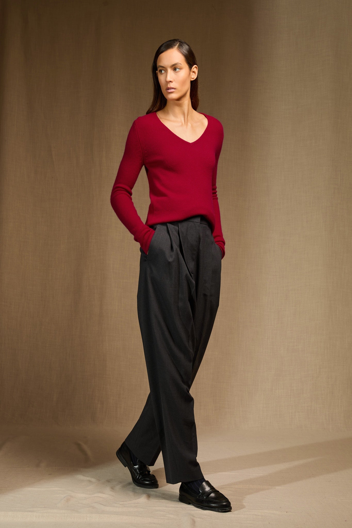 gaby pull col v 4 fils framboise 100% cachemire