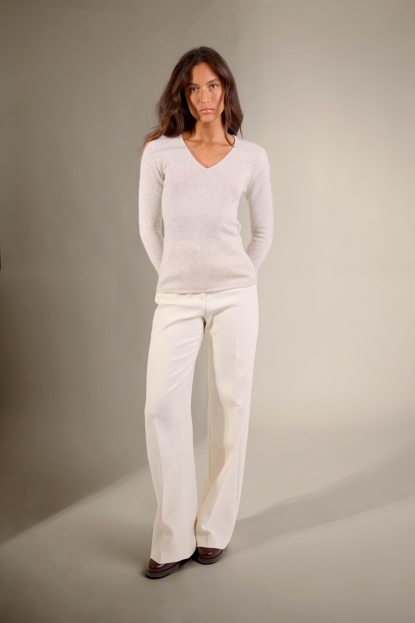 gaby pull col v 4 fils gris perle chiné 100% cachemire