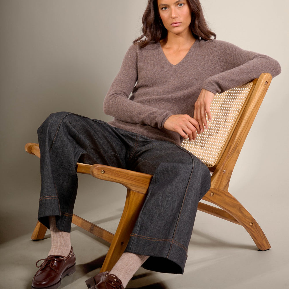 gaby pull col v 4 fils taupe chiné 100% cachemire