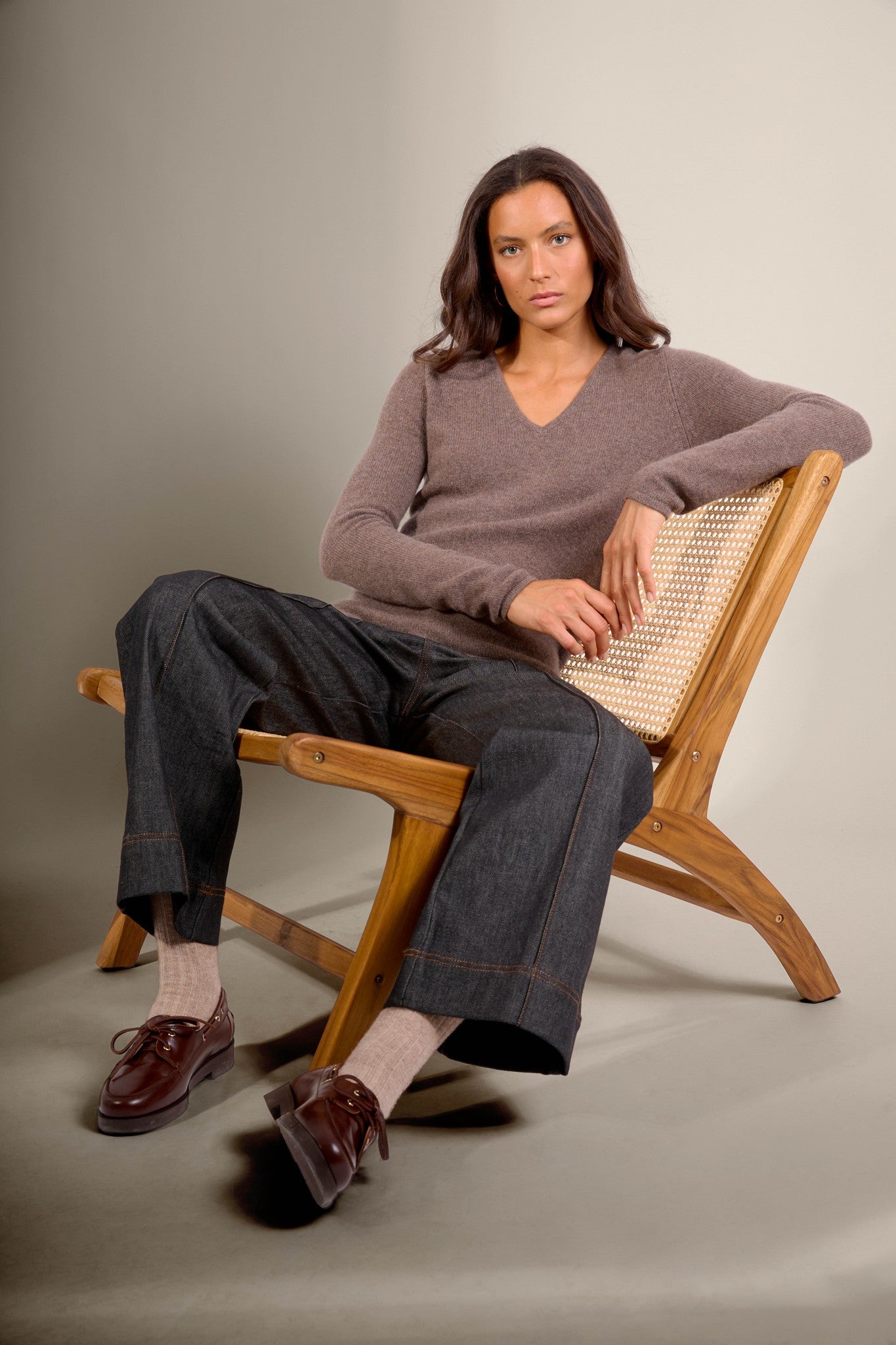 gaby pull col v 4 fils taupe chiné 100% cachemire