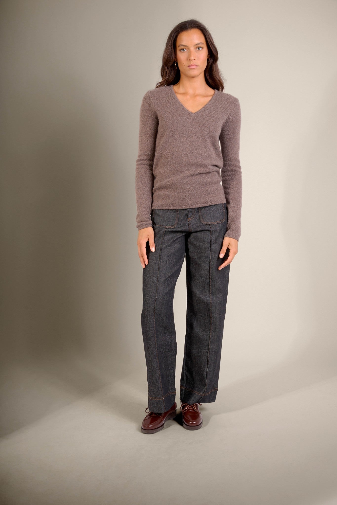 gaby pull col v 4 fils taupe chiné 100% cachemire