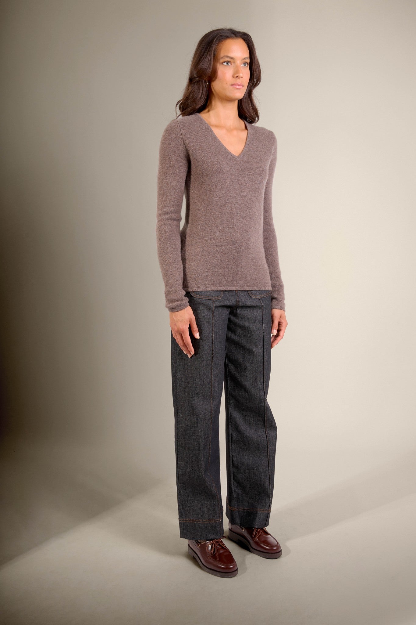 gaby pull col v 4 fils taupe chiné 100% cachemire