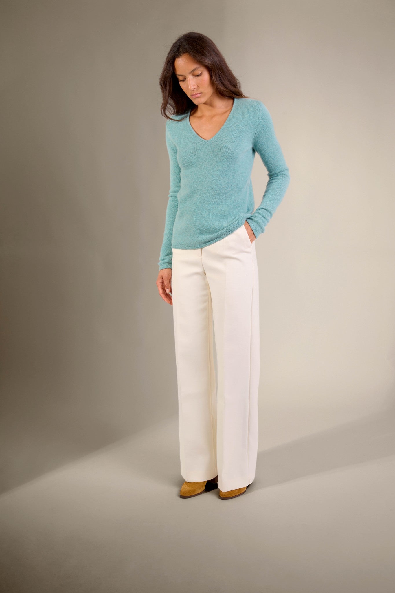 gaby pull col v 4 fils vert chiné 100% cachemire