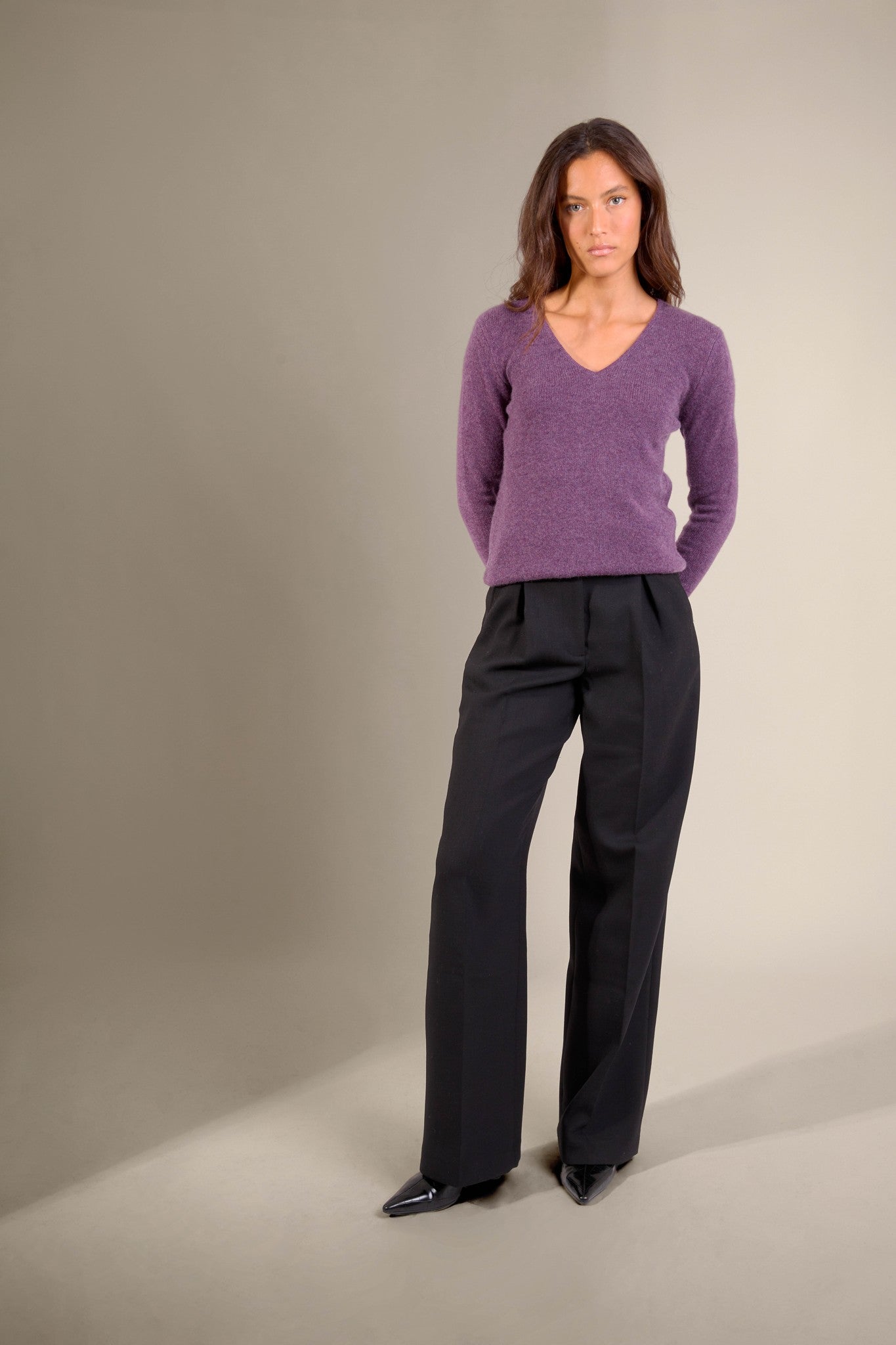 gaby pull col v 4 fils violet chiné 100% cachemire