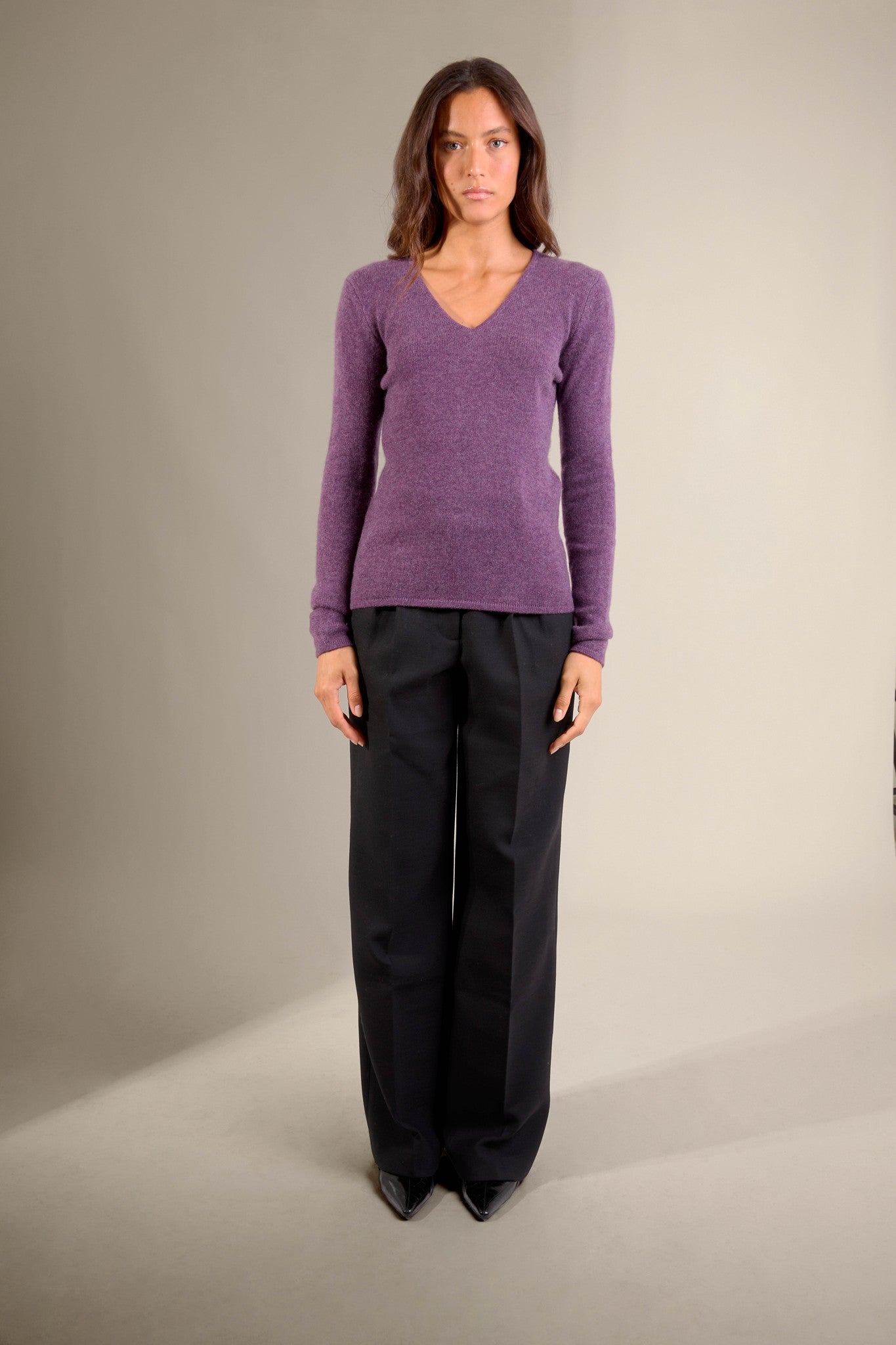 gaby pull col v 4 fils violet chiné 100% cachemire