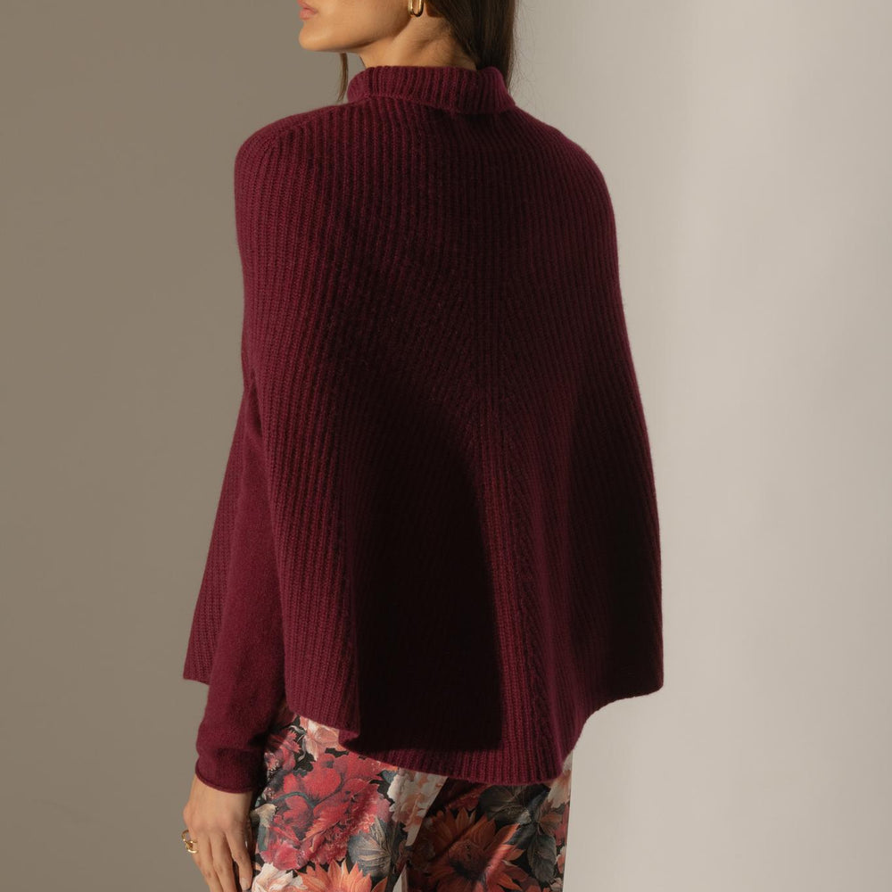 GACHE cape col montant 6 fils bordeaux 100% cachemire