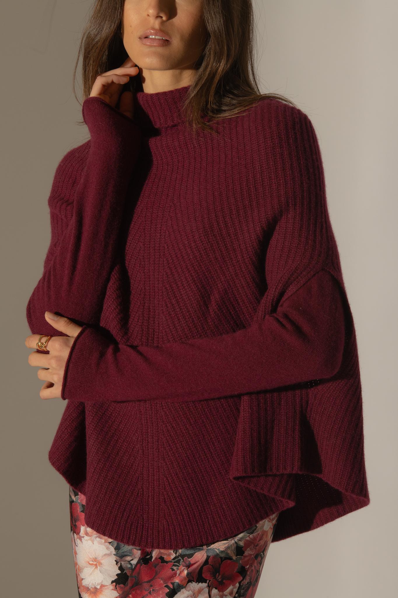 GACHE cape col montant 6 fils bordeaux 100% cachemire