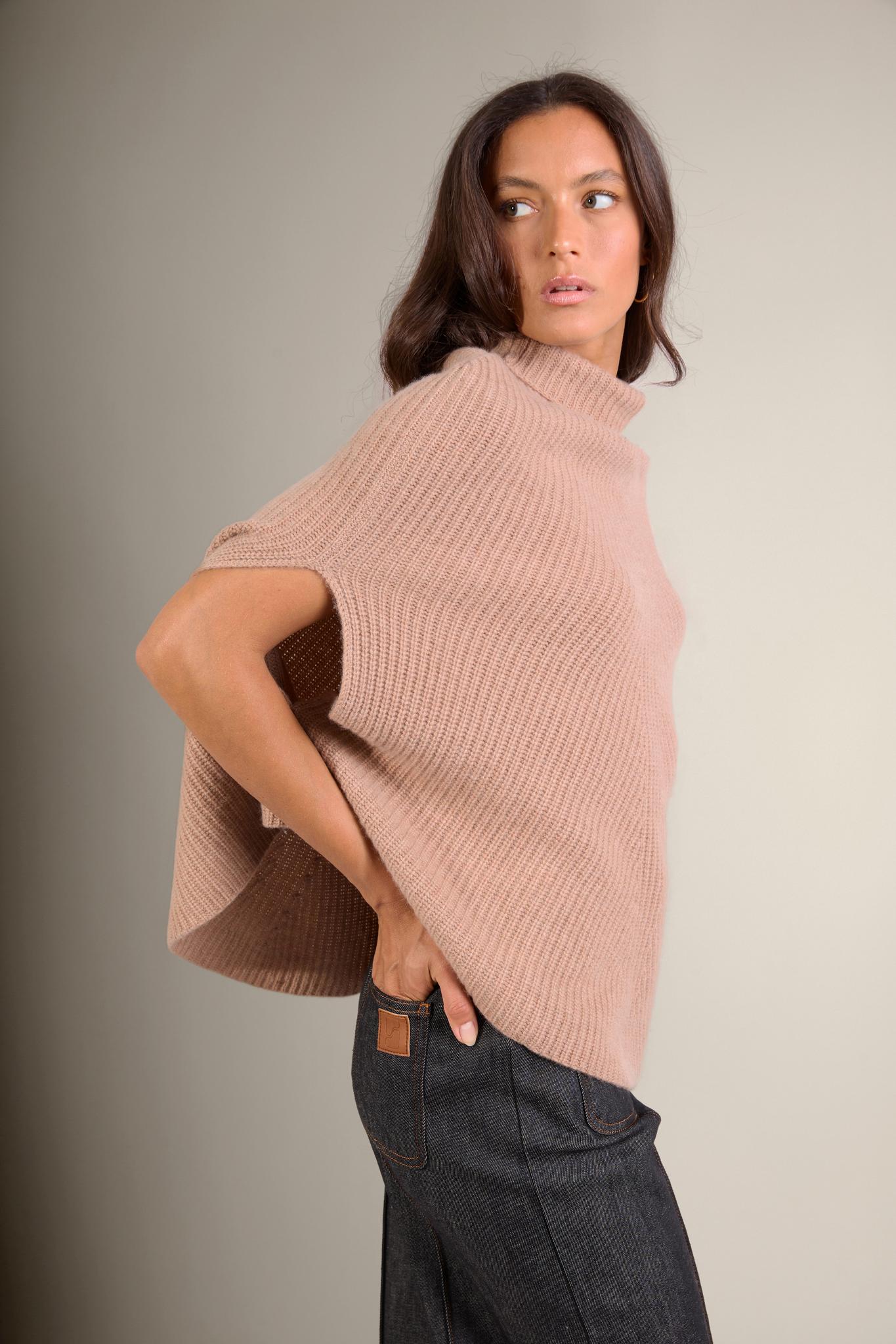 GACHE cape col montant 6 fils camel chiné 100% cachemire