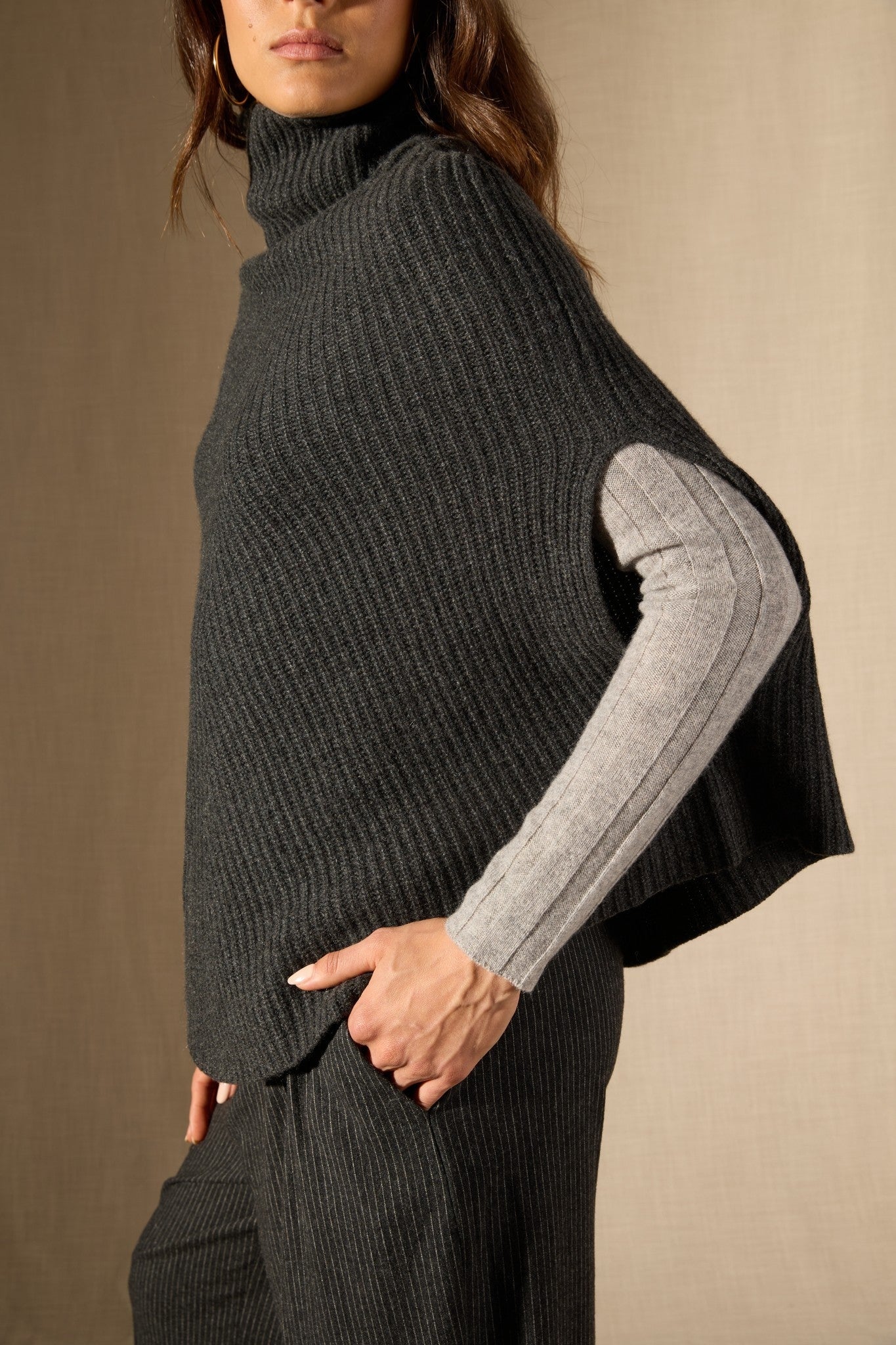 gache cape col montant 6 fils carbone chiné 100% cachemire