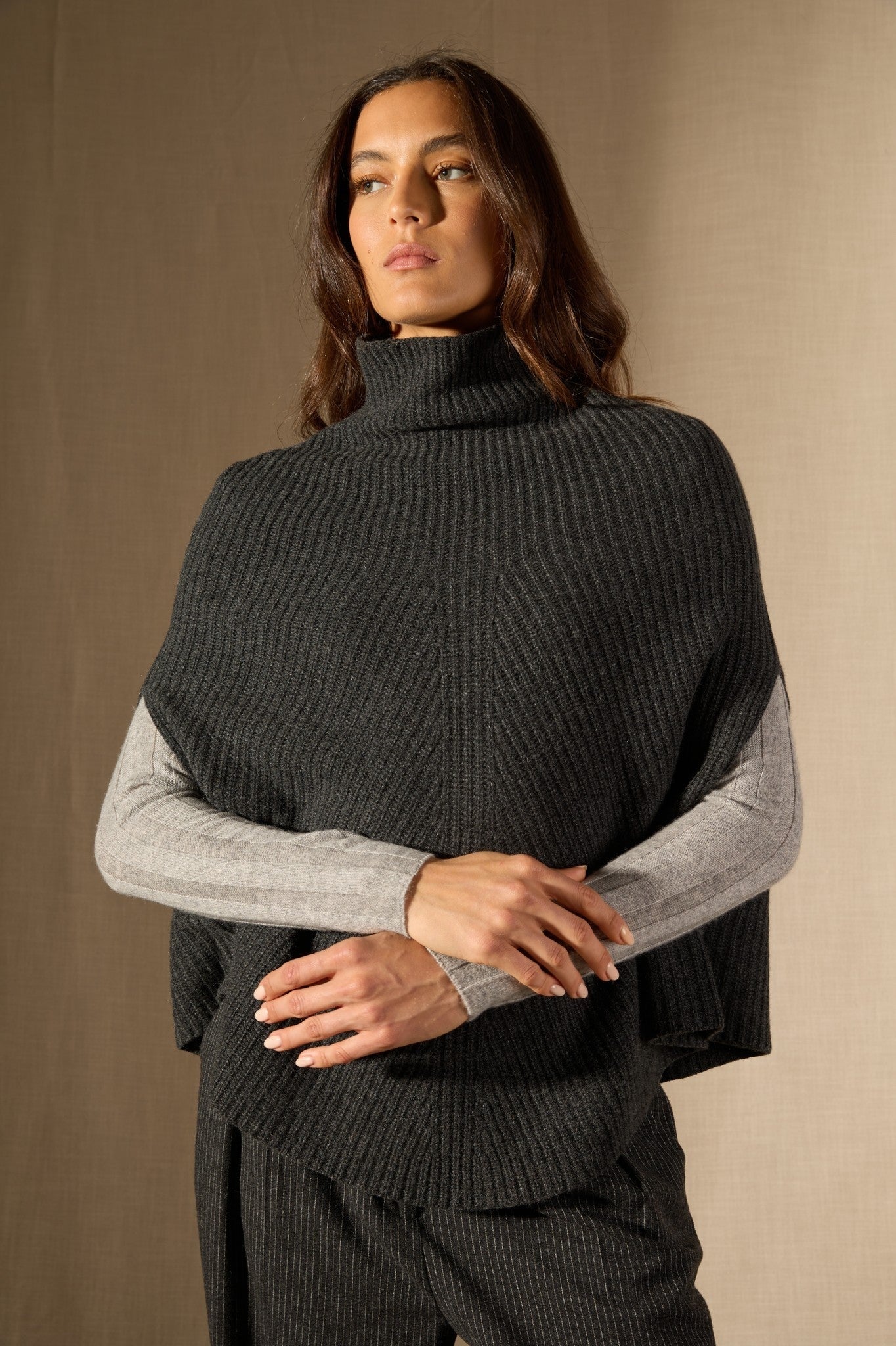 gache cape col montant 6 fils carbone chiné 100% cachemire