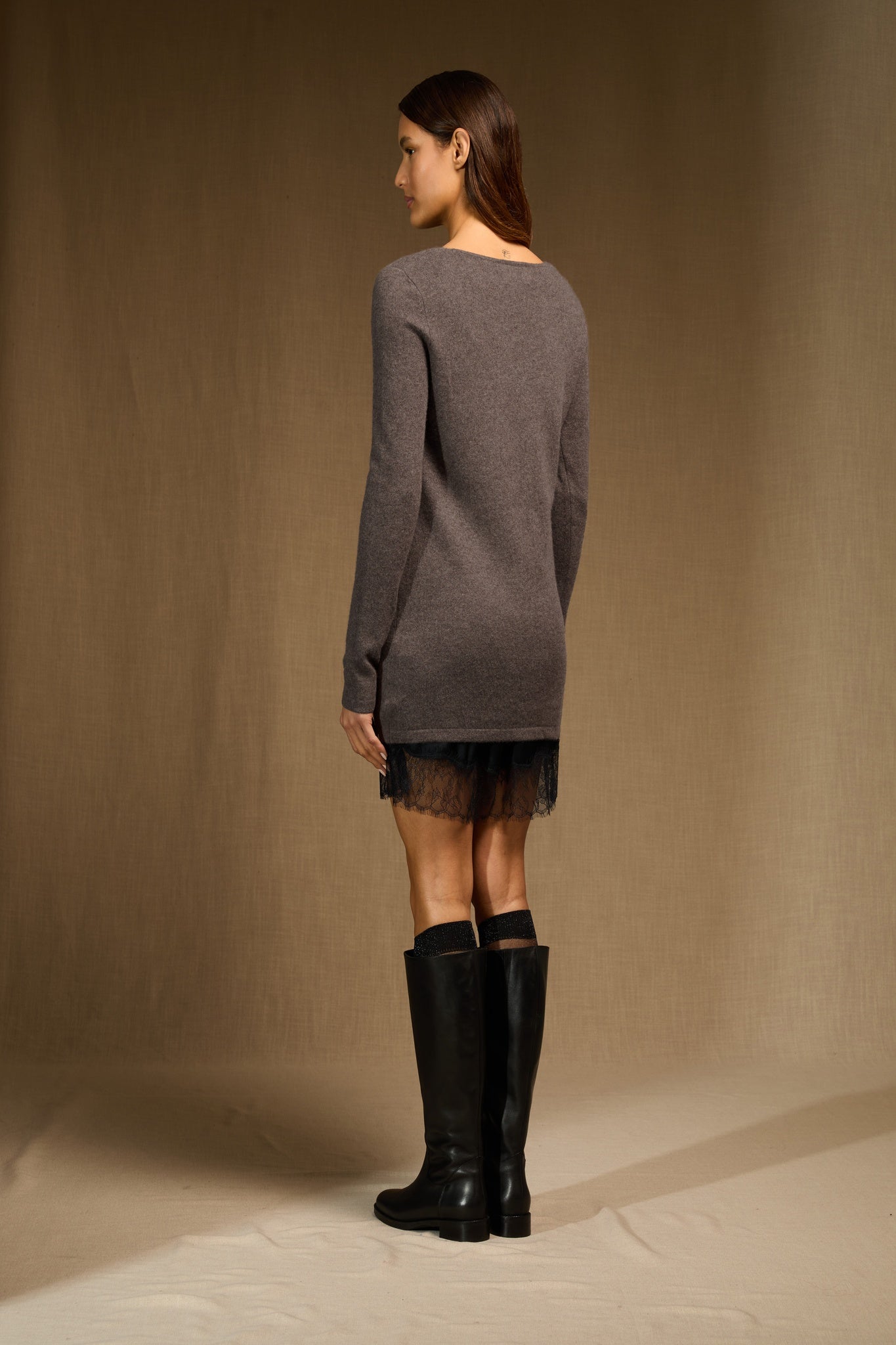 GARMOUTH tunique col v taupe chiné 100% cachemire