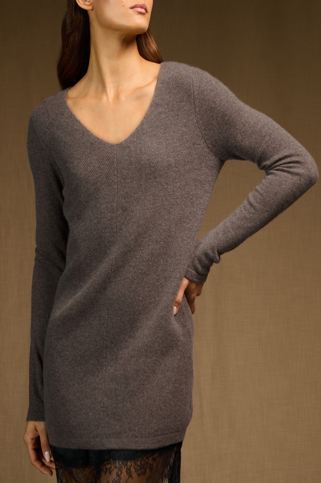 GARMOUTH tunique col v taupe chiné 100% cachemire