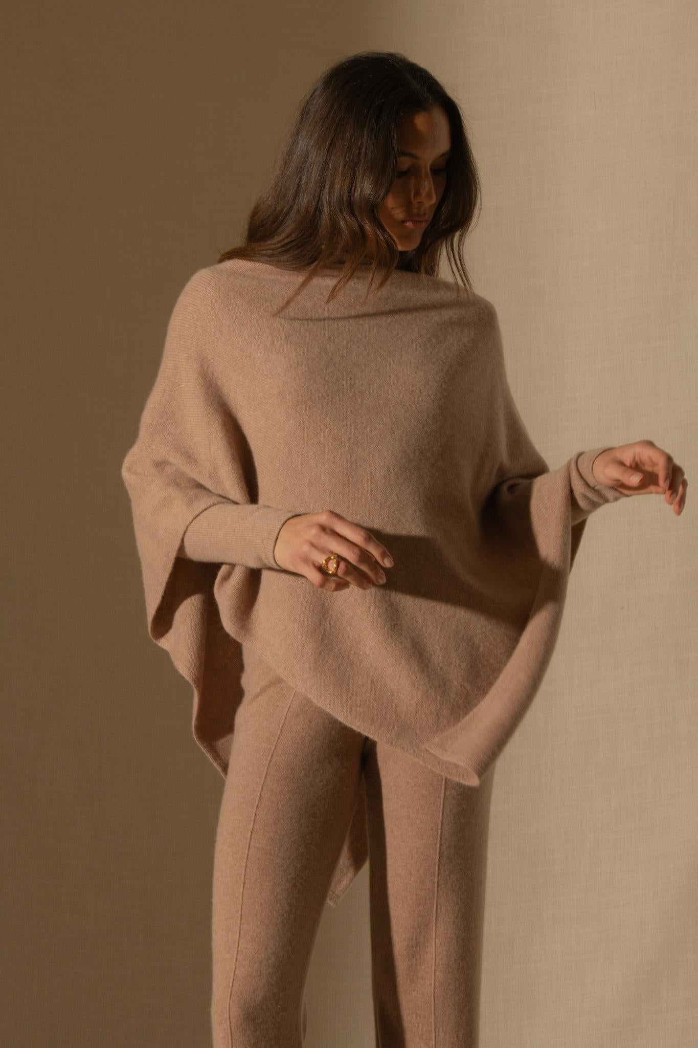 GEORGIA poncho 4 fils camel chiné 100% cachemire
