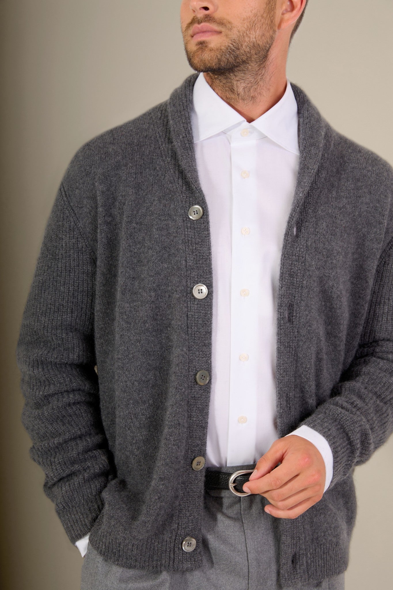 gilmour veste boutonnée col châle 4 fils anthracite chiné 100% cachemire