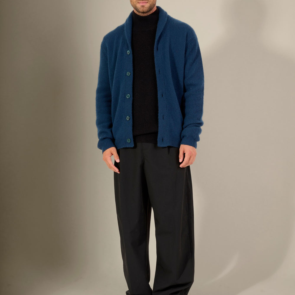 gilmour veste boutonnée col châle 4 fils bleu pétrole 100% cachemire