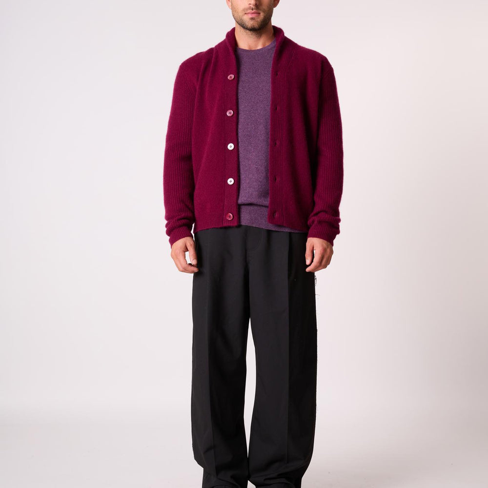 GILMOUR veste boutonnée col châle 4 fils bordeaux 100% cachemire