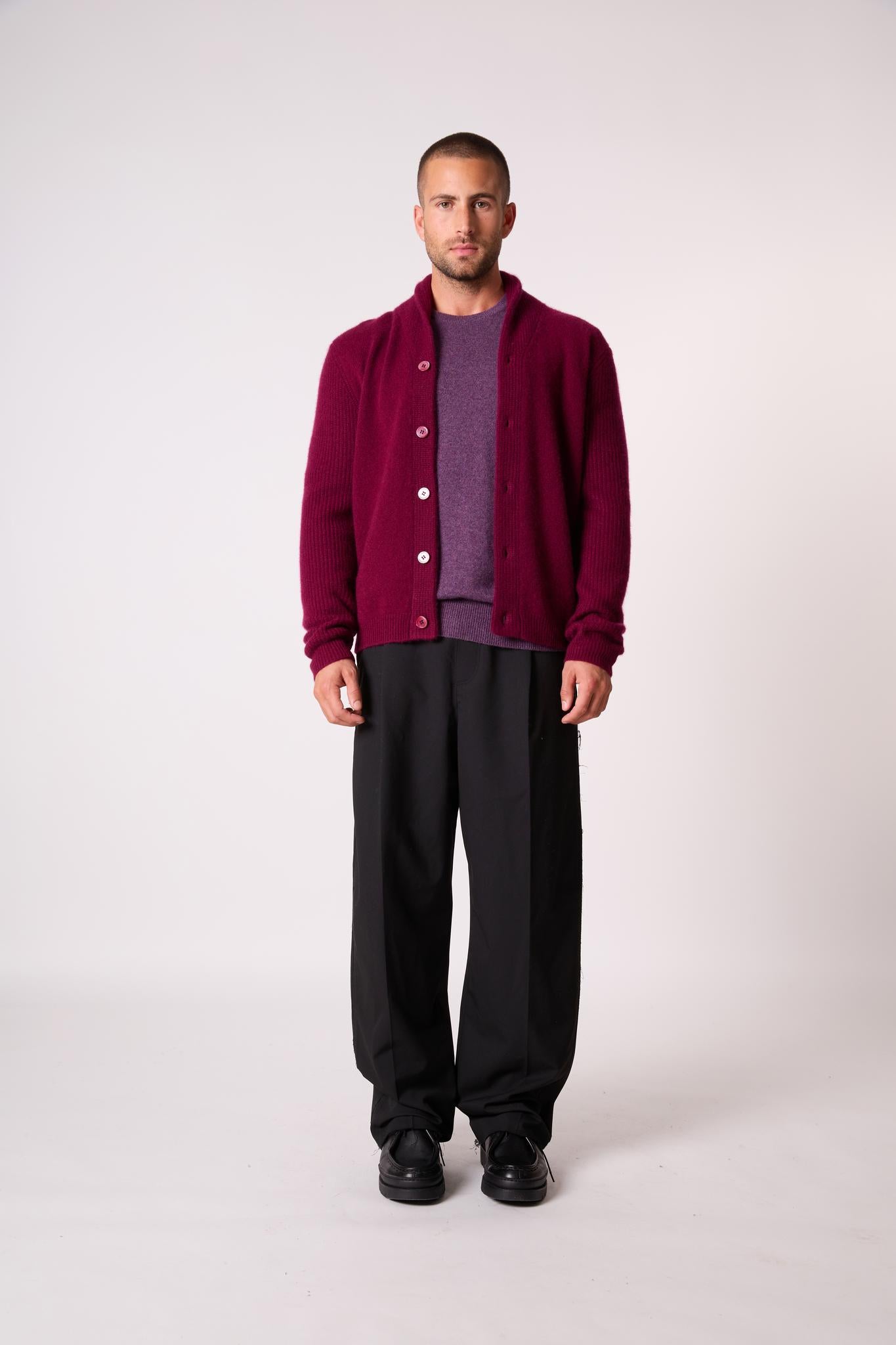 GILMOUR veste boutonnée col châle 4 fils bordeaux 100% cachemire
