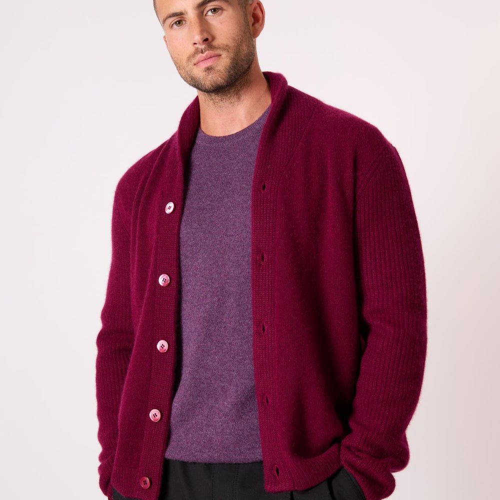 GILMOUR veste boutonnée col châle 4 fils bordeaux 100% cachemire