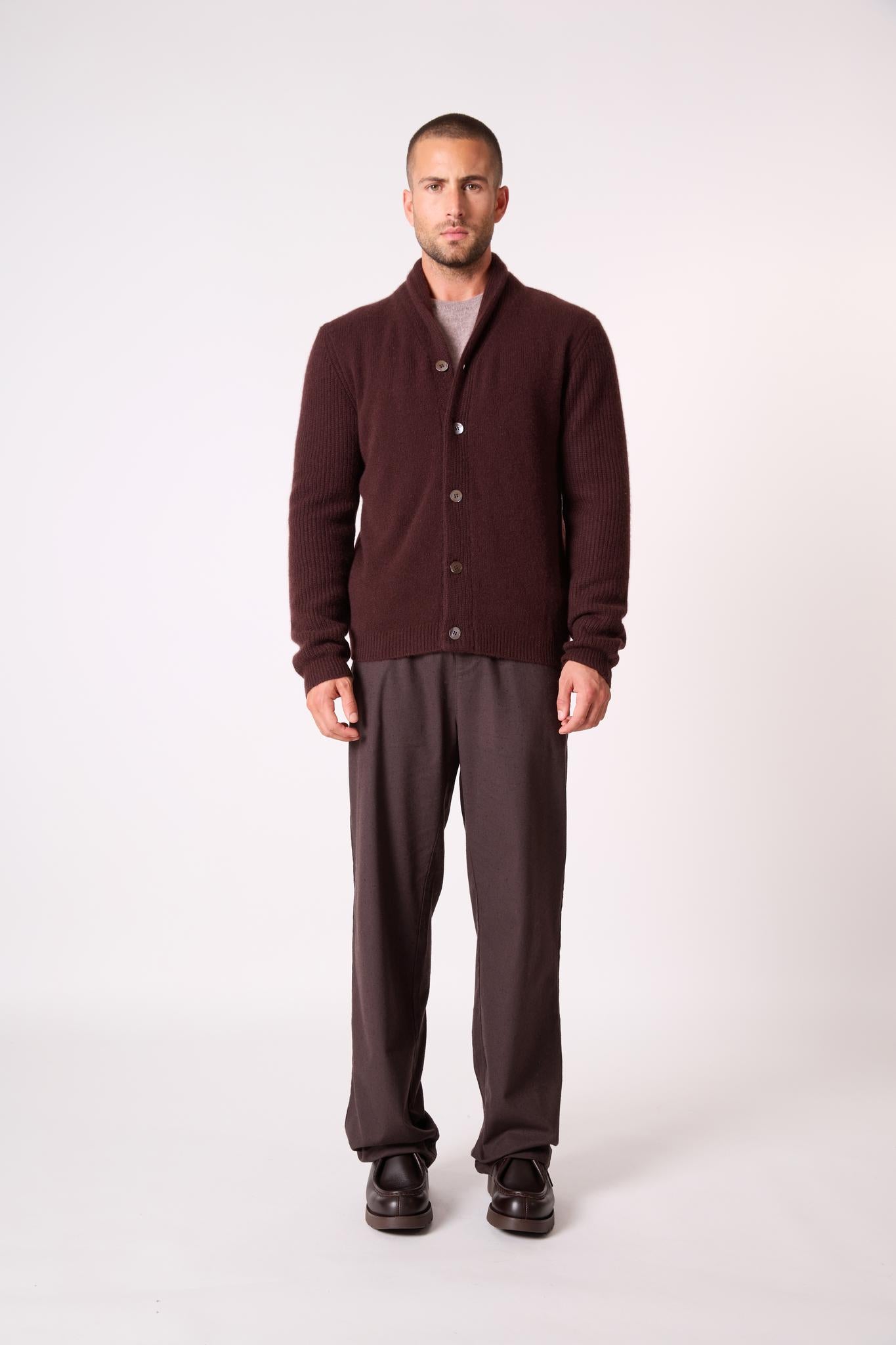 GILMOUR veste boutonnée col châle 4 fils choco 100% cachemire