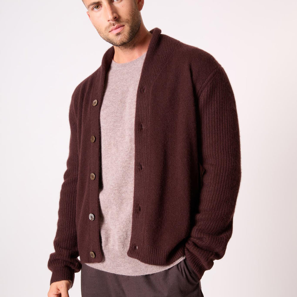 GILMOUR veste boutonnée col châle 4 fils choco 100% cachemire