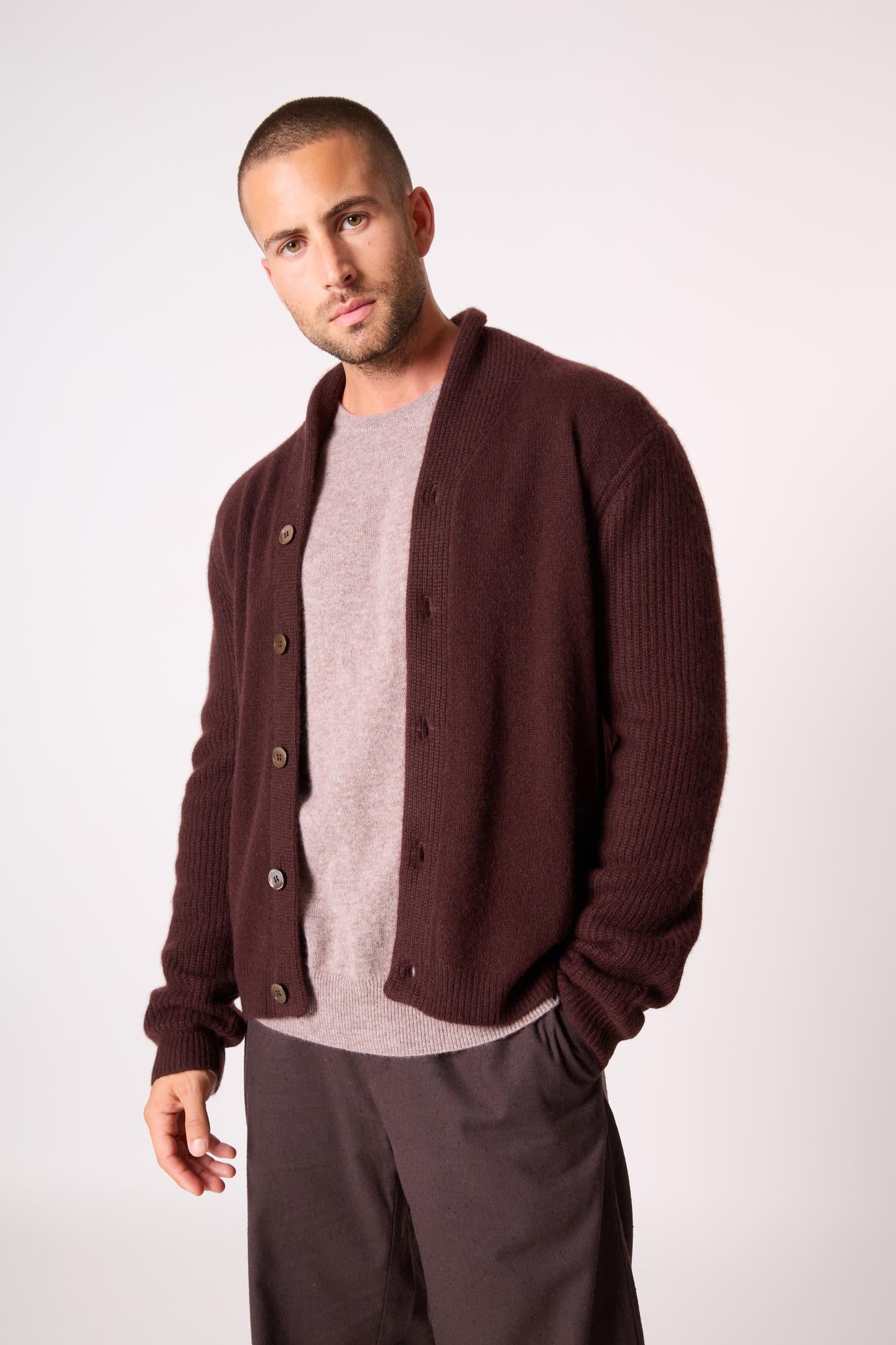 GILMOUR veste boutonnée col châle 4 fils choco 100% cachemire