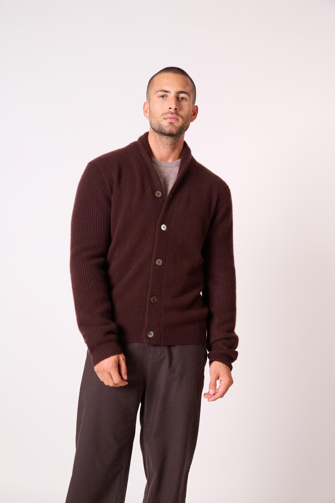 GILMOUR veste boutonnée col châle 4 fils choco 100% cachemire