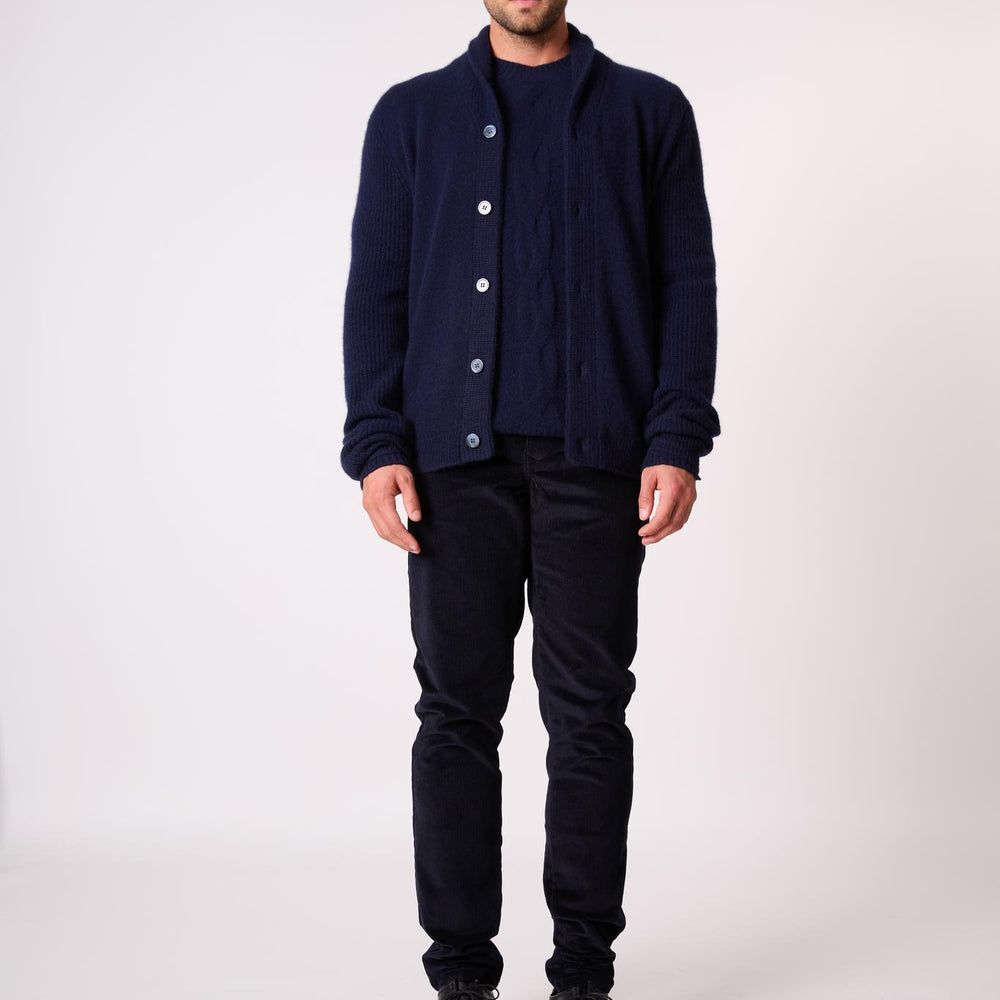 GILMOUR veste boutonnée col châle 4 fils navy 100% cachemire