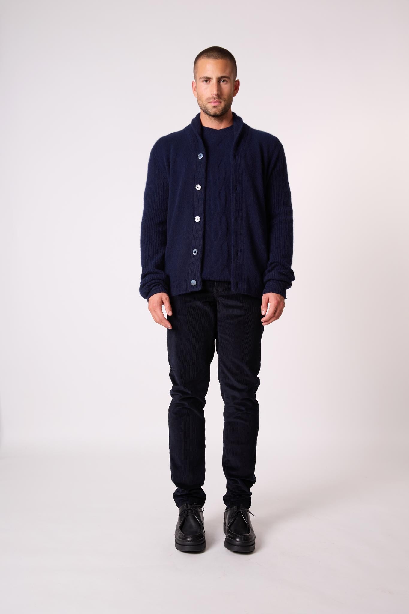 GILMOUR veste boutonnée col châle 4 fils navy 100% cachemire