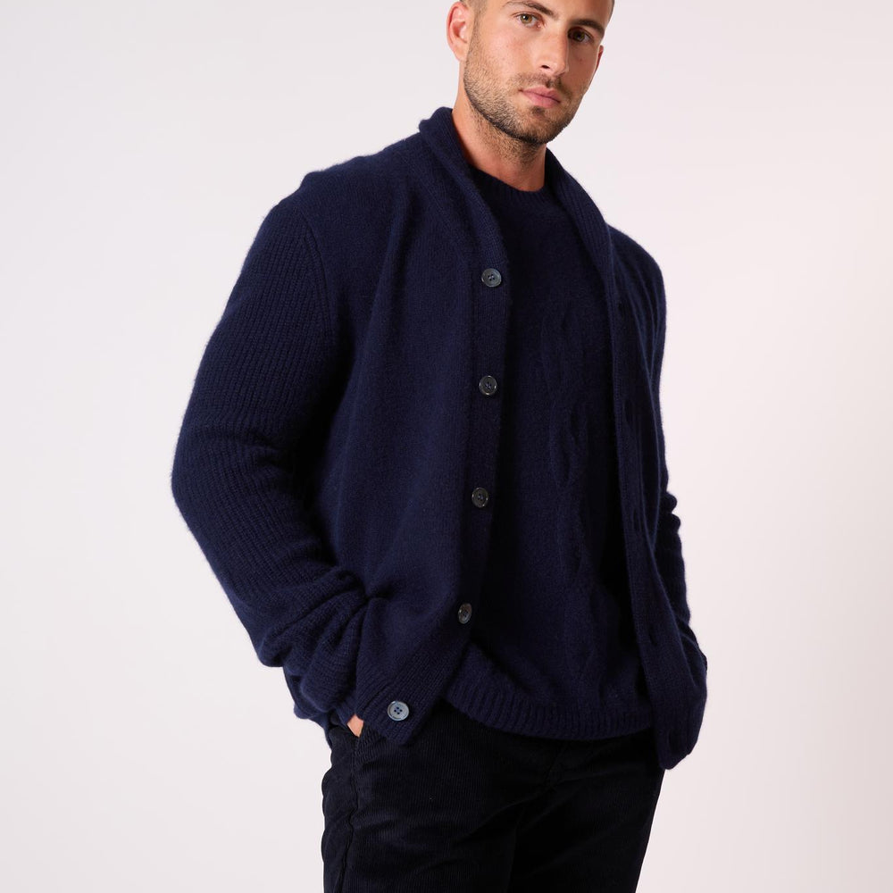 GILMOUR veste boutonnée col châle 4 fils navy 100% cachemire