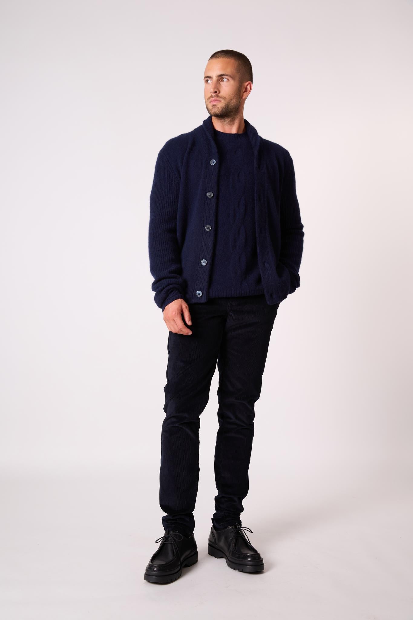 GILMOUR veste boutonnée col châle 4 fils navy 100% cachemire