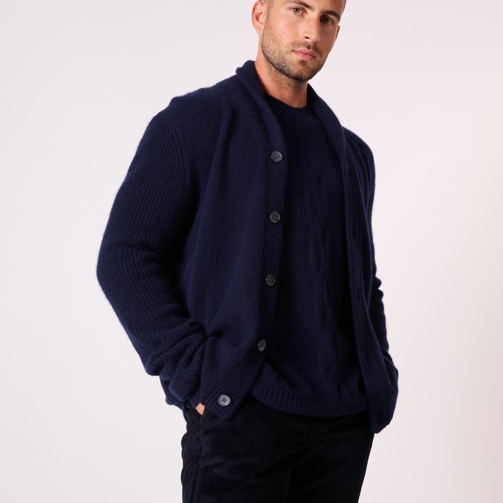 gilmour veste boutonnée col châle 4 fils navy 100% cachemire