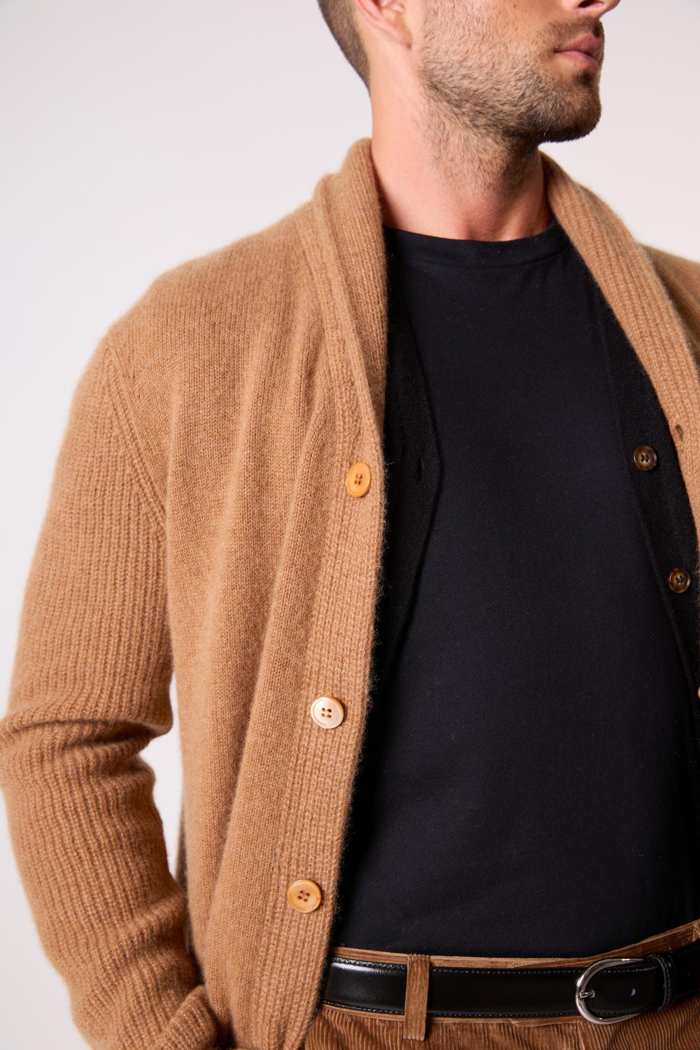 GILMOUR veste boutonnée col châle 4 fils noisette 100% cachemire