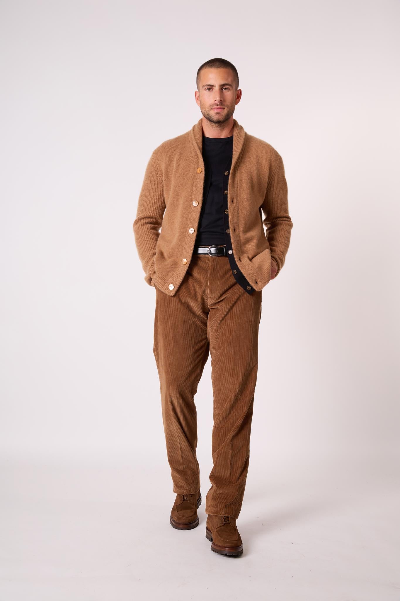 GILMOUR veste boutonnée col châle 4 fils noisette 100% cachemire