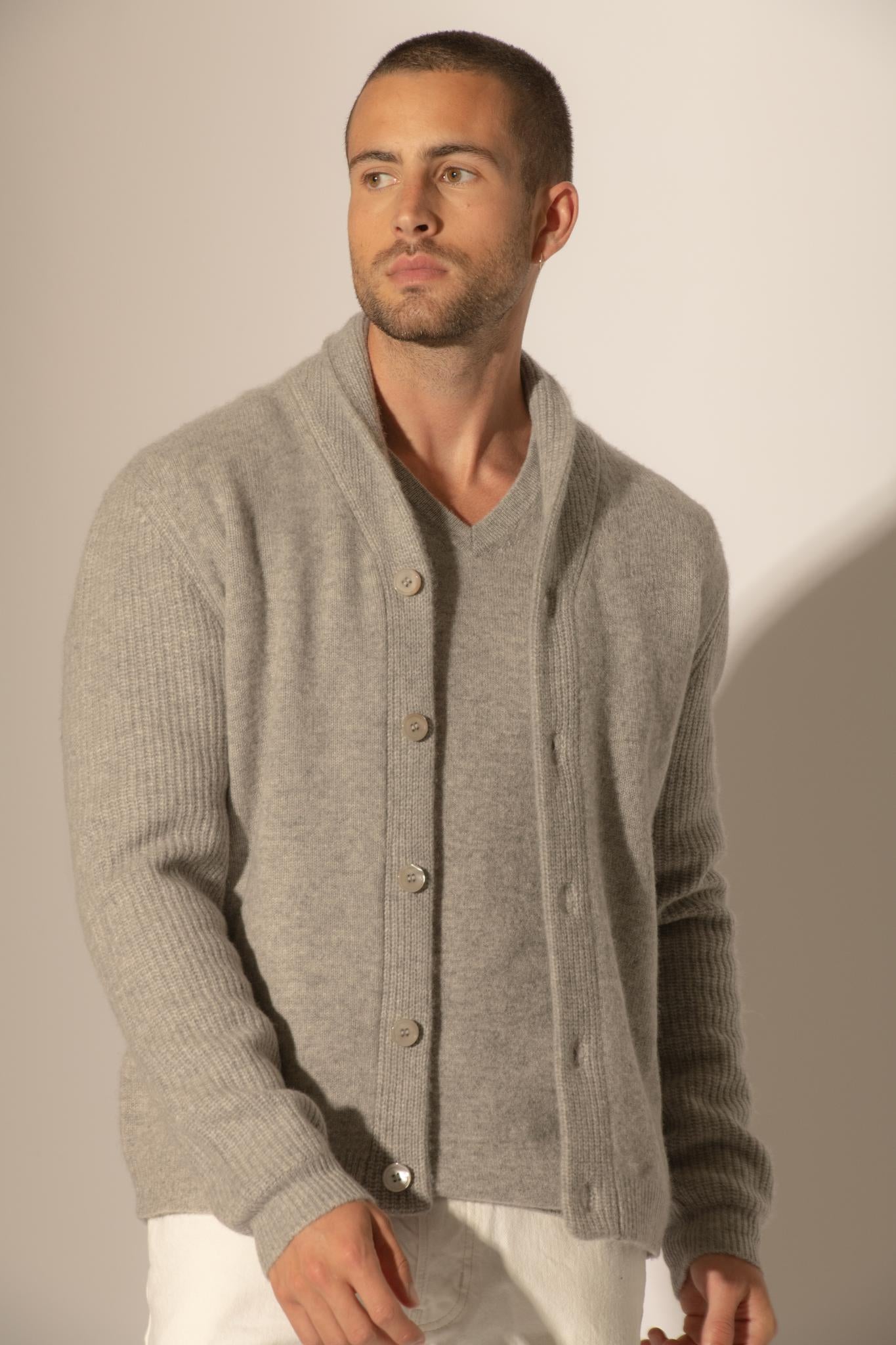 GILMOUR veste boutonnée col châle 4 fils nuage chiné 100% cachemire