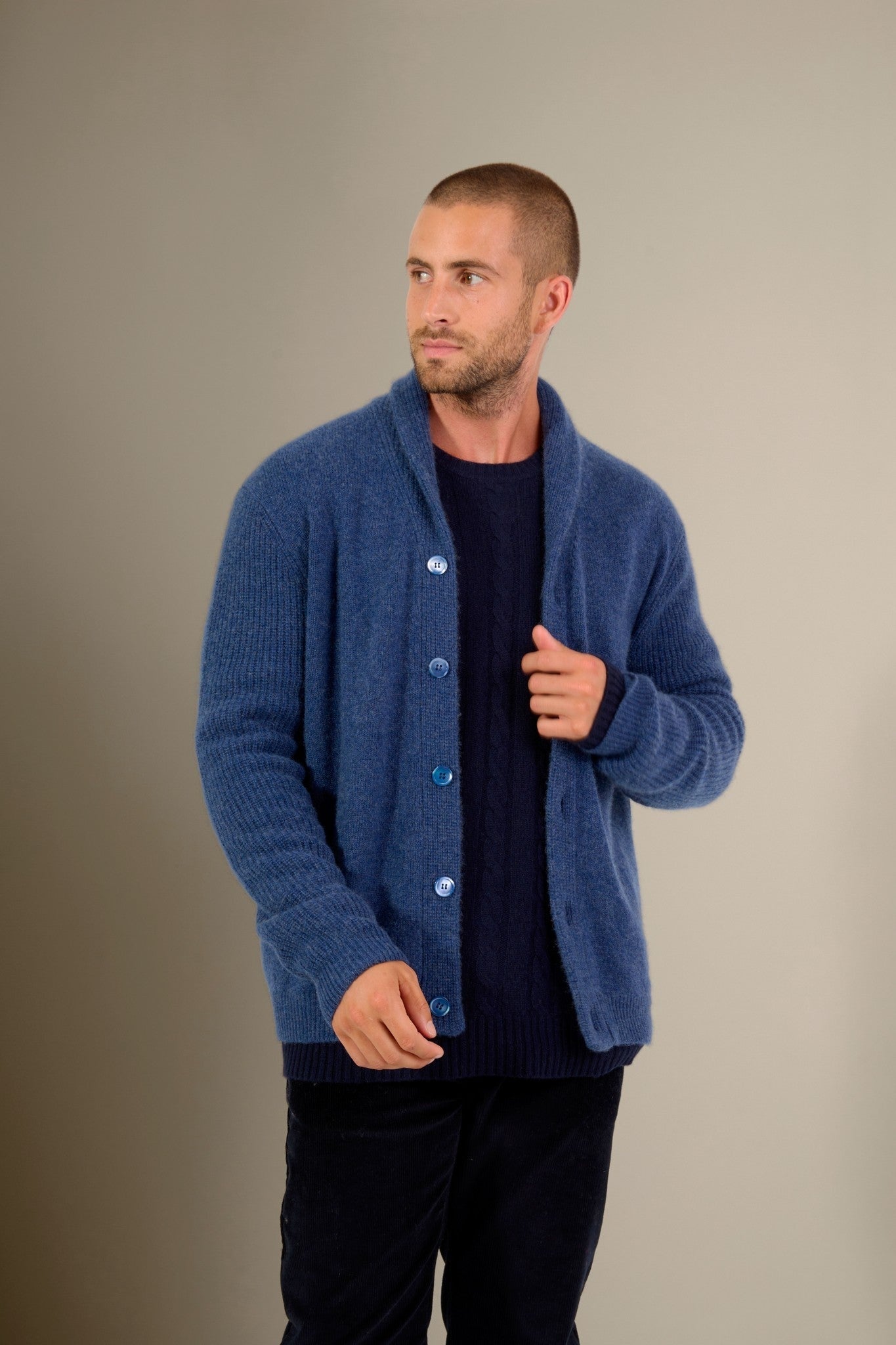 gilmour veste boutonnée col châle 4 fils ocean chiné 100% cachemire