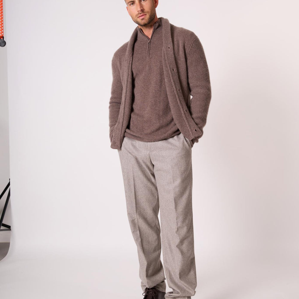 GILMOUR veste boutonnée col châle 4 fils taupe chiné 100% cachemire