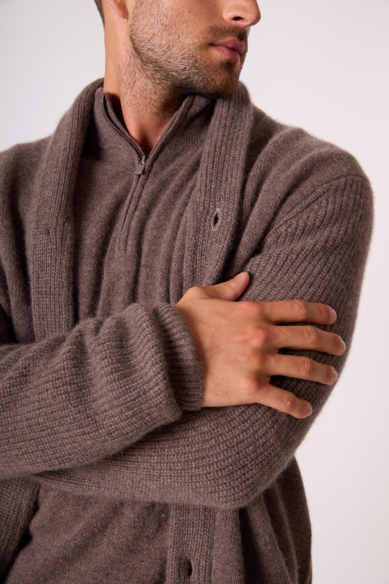 GILMOUR veste boutonnée col châle 4 fils taupe chiné 100% cachemire
