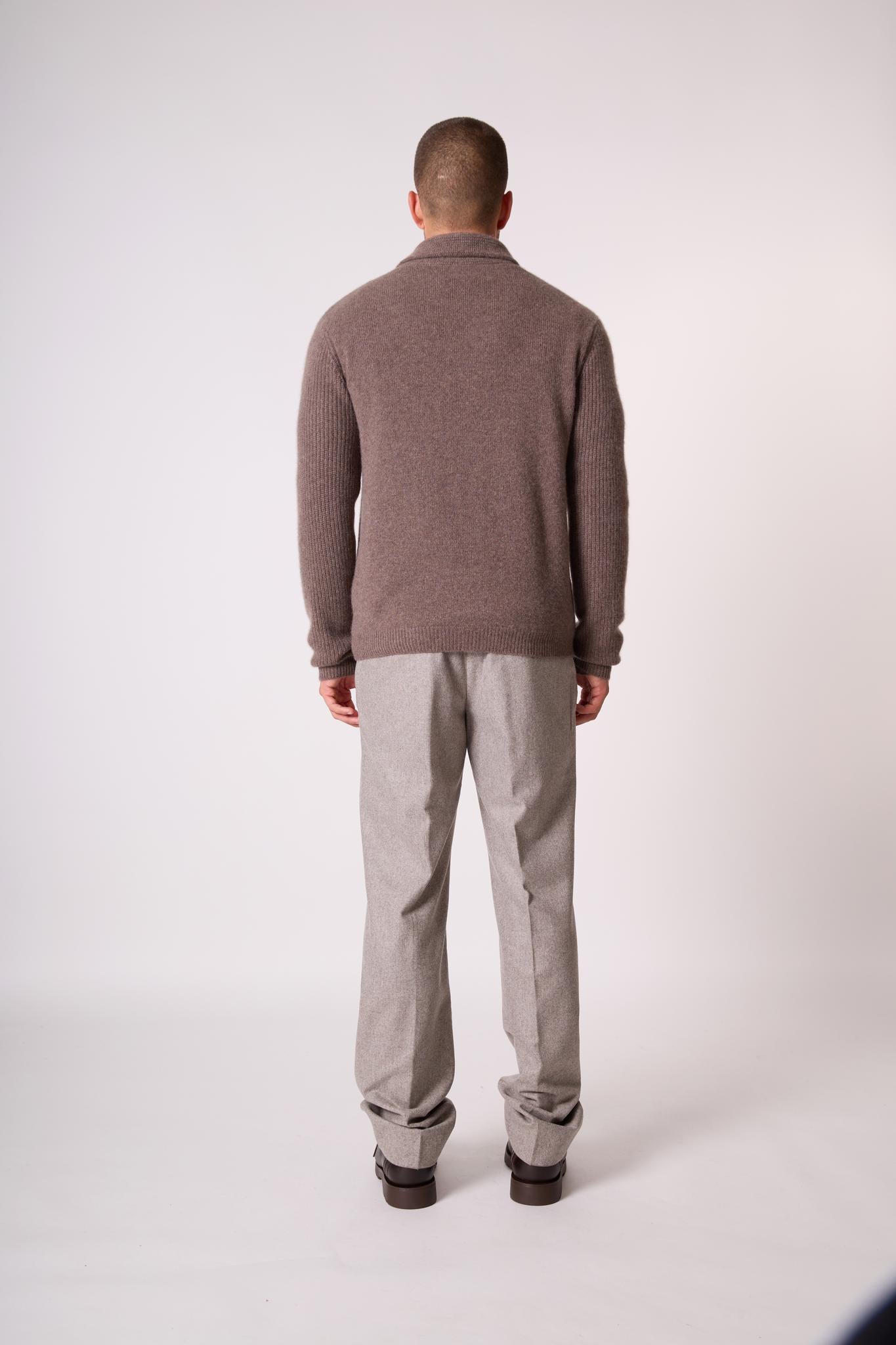 GILMOUR veste boutonnée col châle 4 fils taupe chiné 100% cachemire