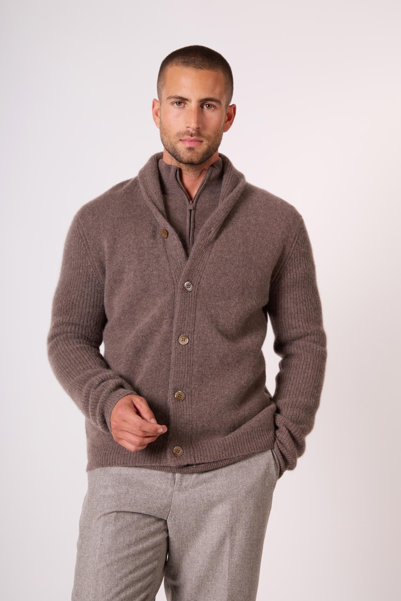 GILMOUR veste boutonnée col châle 4 fils taupe chiné 100% cachemire