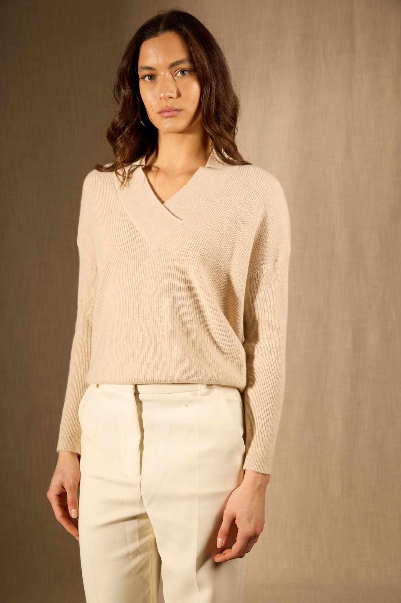 GRAINNE pull col v croisé avoine 100% cachemire