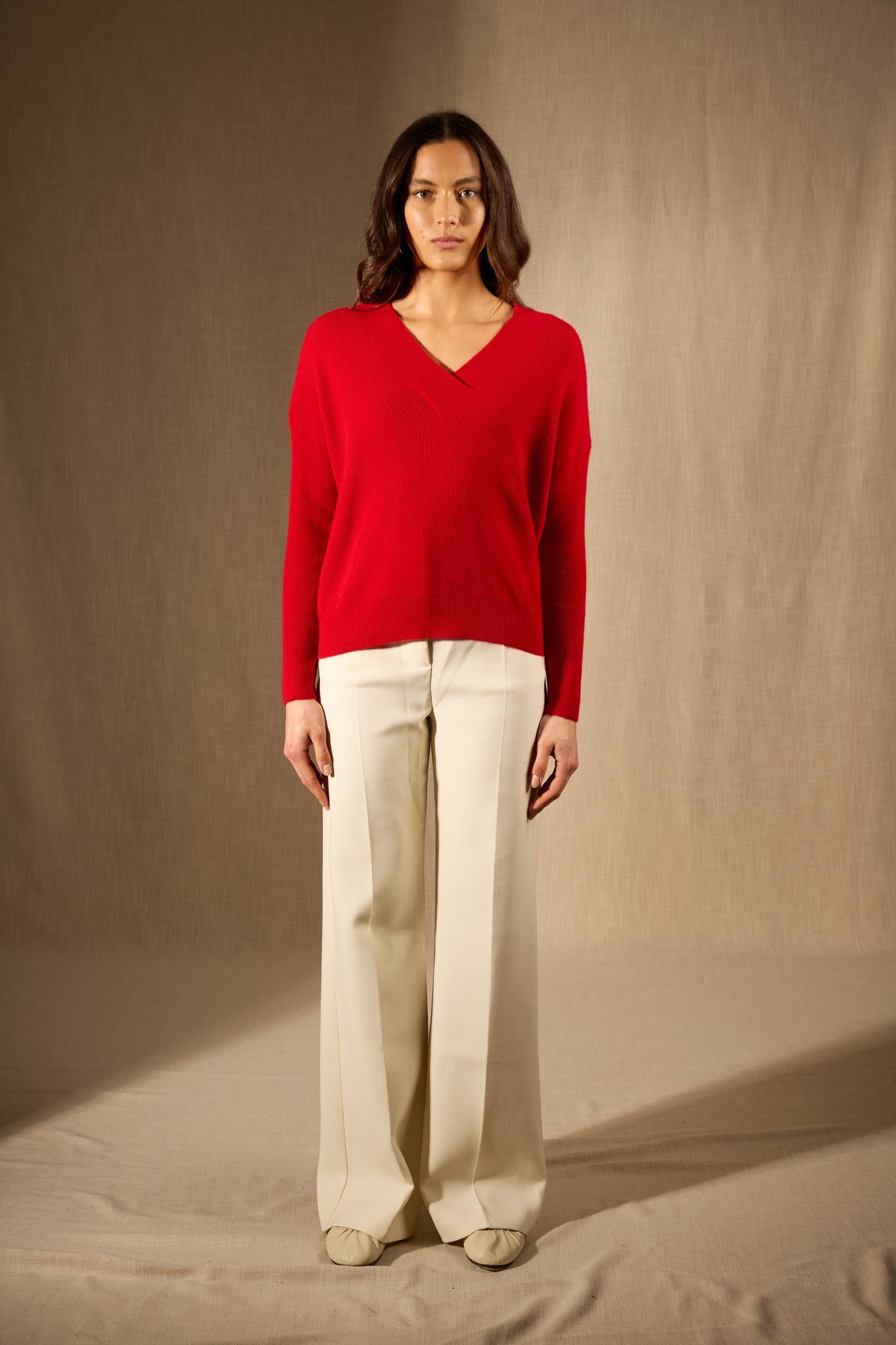 GRAINNE pull col v croisé rouge 100% cachemire