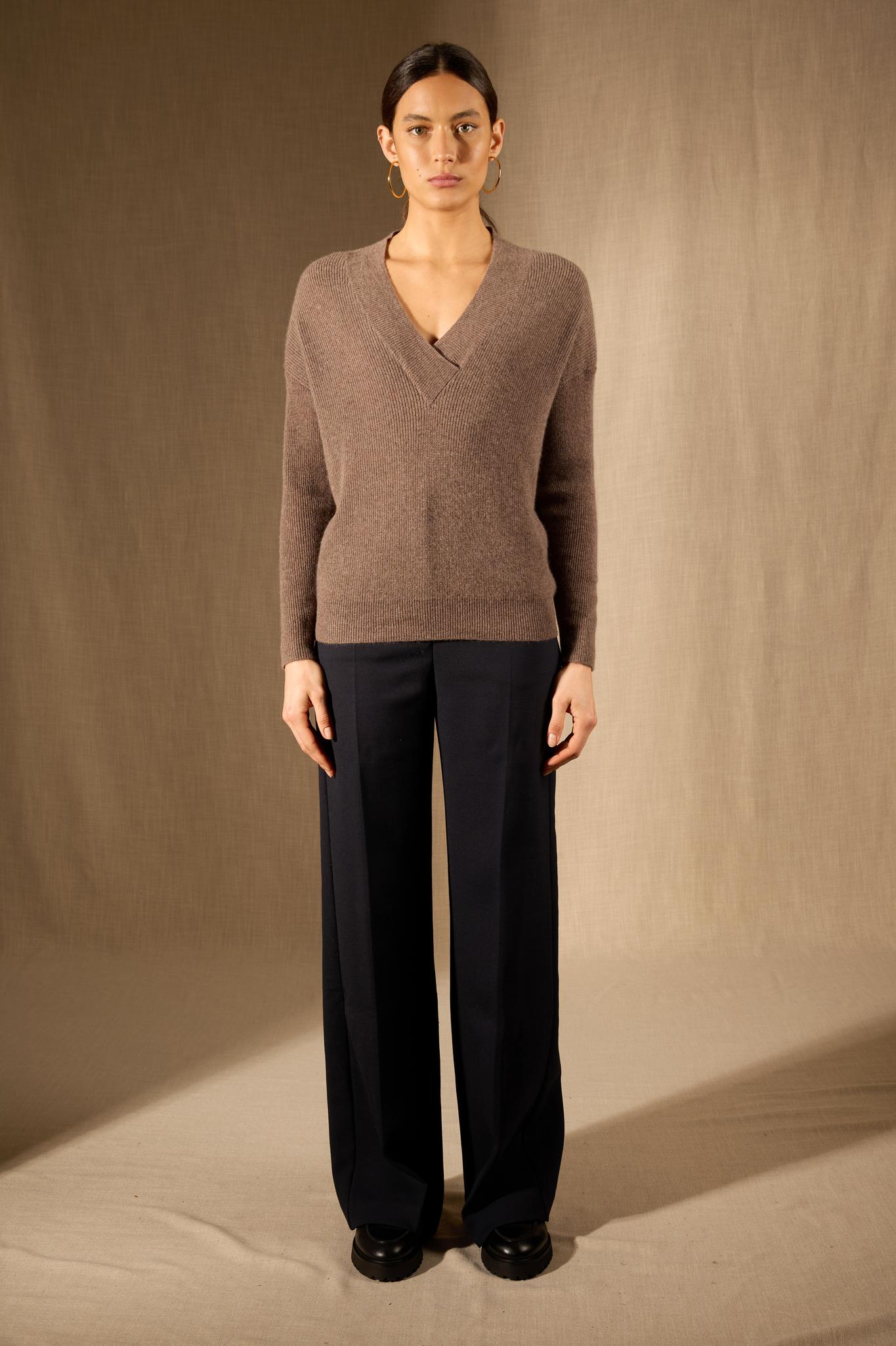 GRAINNE pull col v croisé taupe chiné 100% cachemire